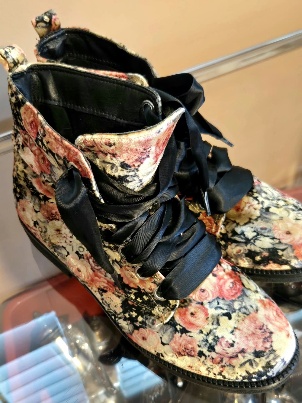 Dirty Laundry Floral Velvet Lace-Up Ankle Boots- Grungy Punk, Size 7, Never Worn